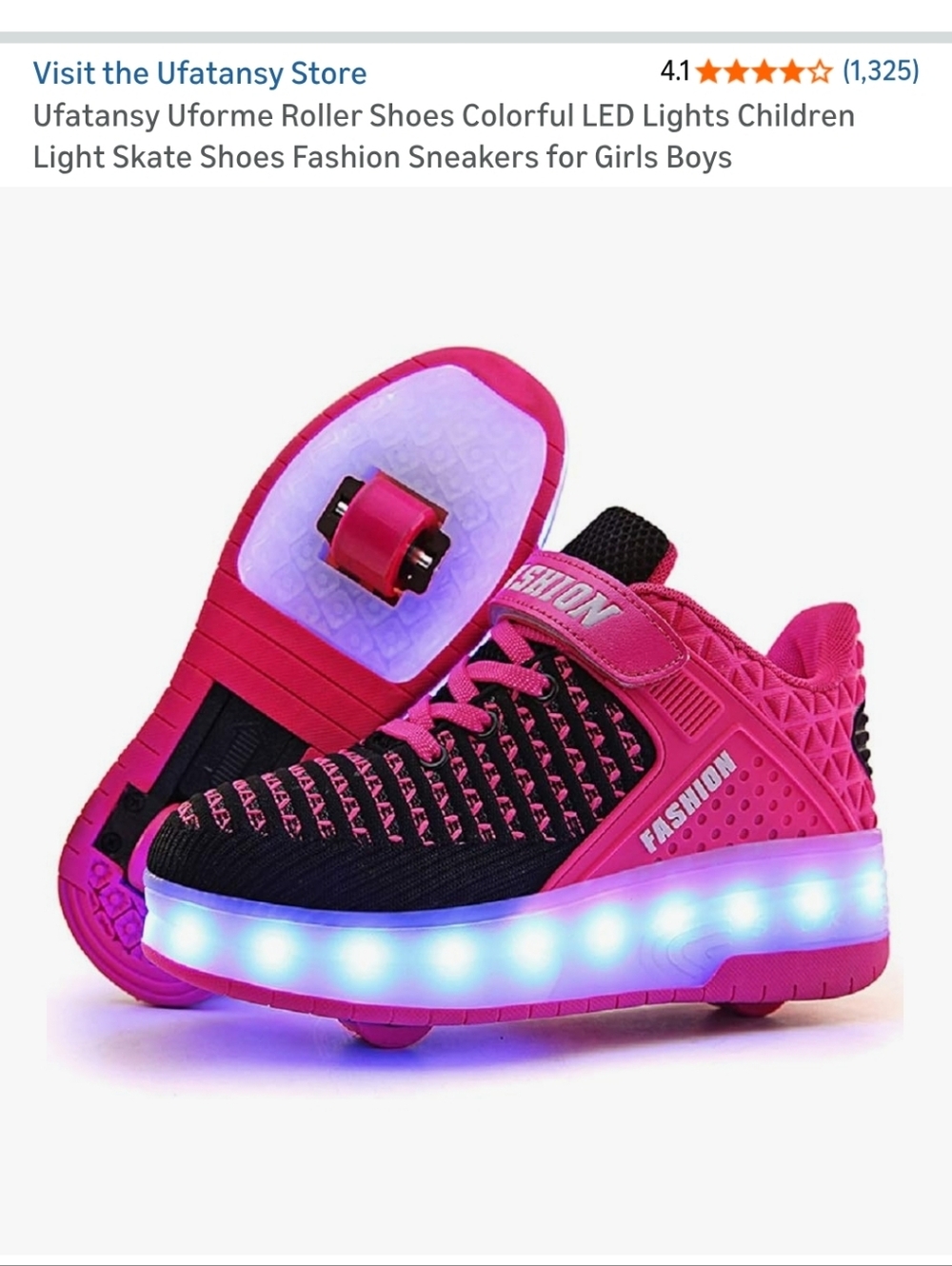 Kids Black & Pink LED Rechagable Light-Up Roller Sneakers With Removable Wheels - Picture 9 of 9